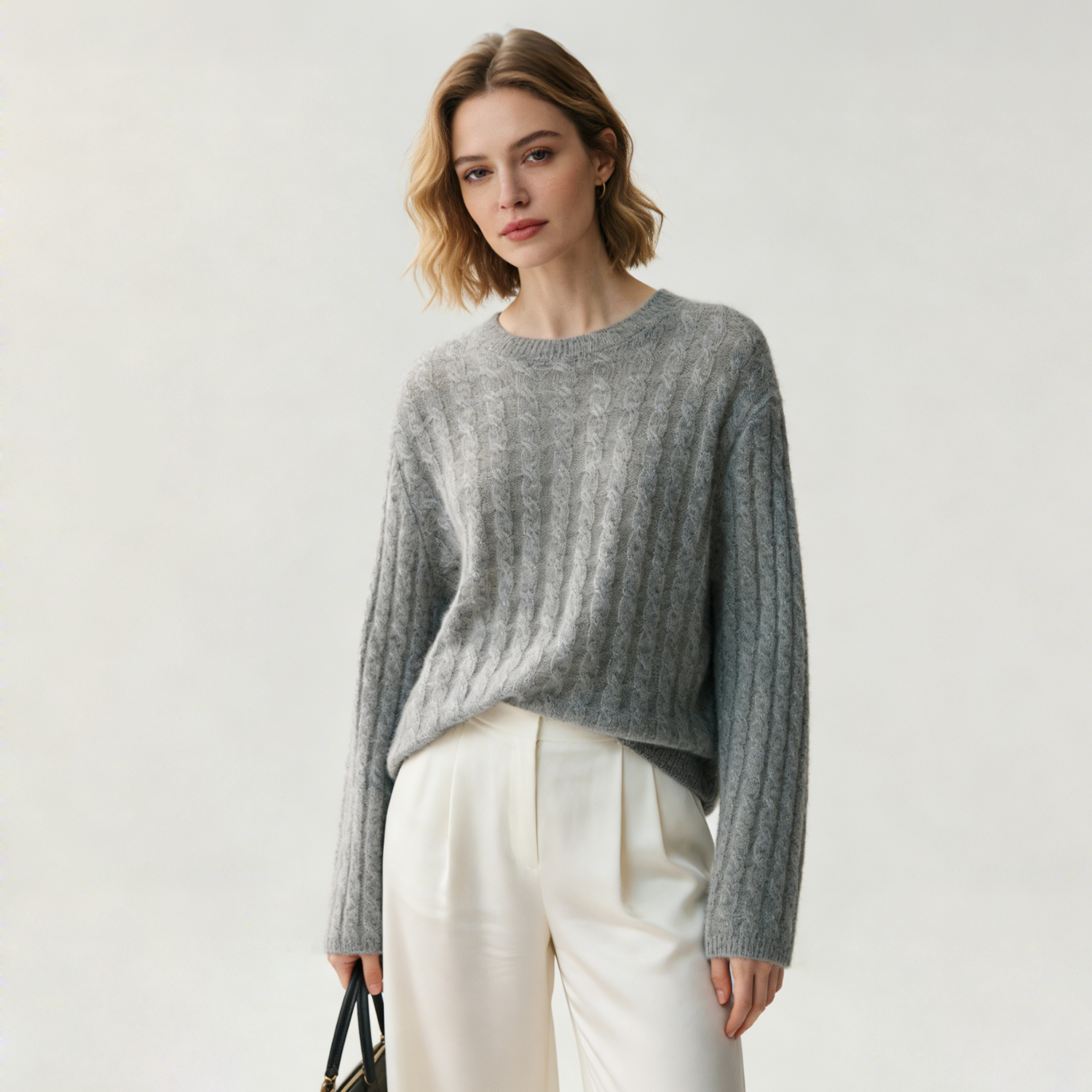Women's Crewneck Cable Silk Cashmere Sweater | Spring Summer REAL SILK LIFE