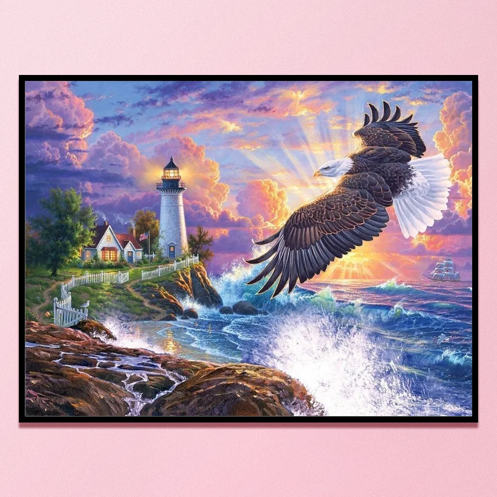 11CT Full Stamped Cross Stitch - Eagle and Lighthouse(Canvas|60*45CM)