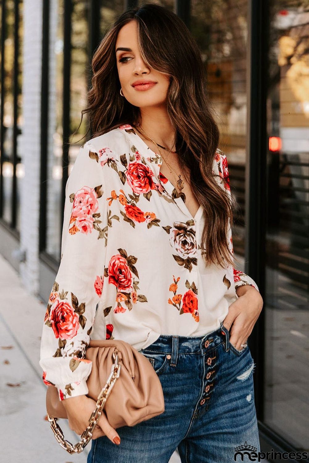 Beige Floral Print V Neck Button Down Blouse
