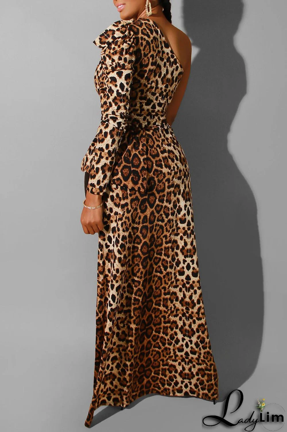 Black Sexy Print Leopard Split Joint Fold Asymmetrical Oblique Collar Dresses
