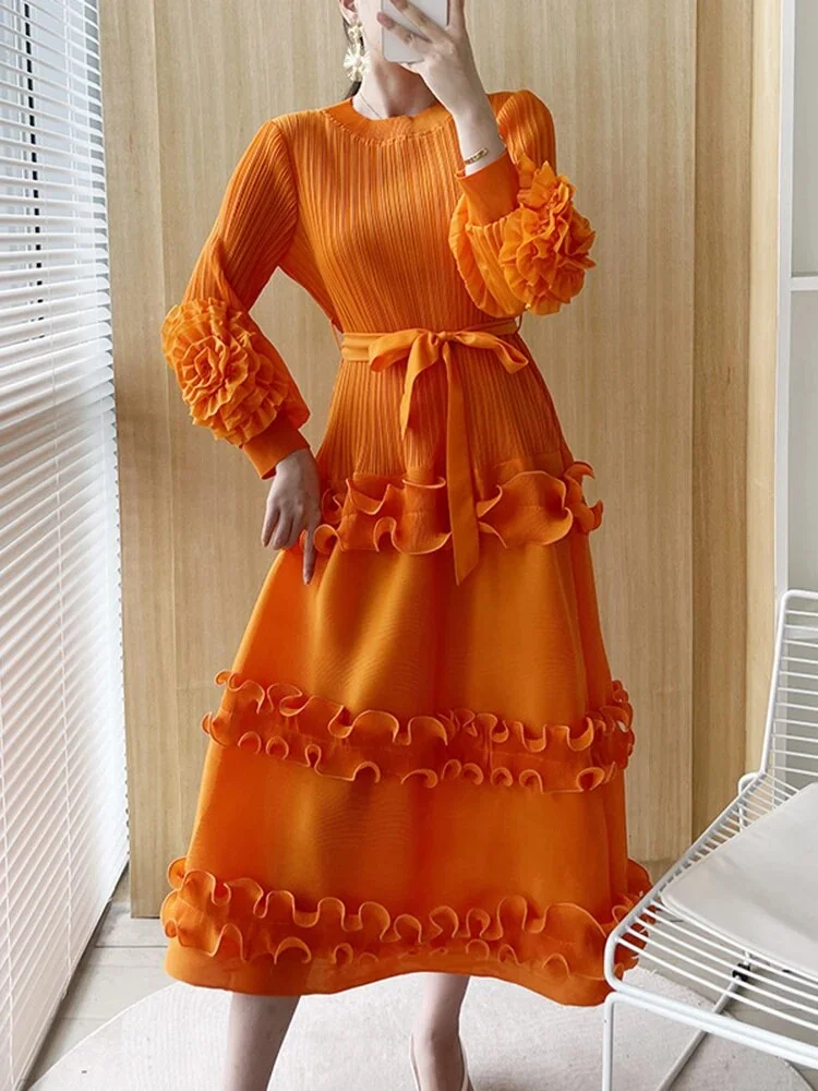 Design Orange O-neck Pleated Lace-up Long Bell Sleeve Patchwork Fungus Decor Dress