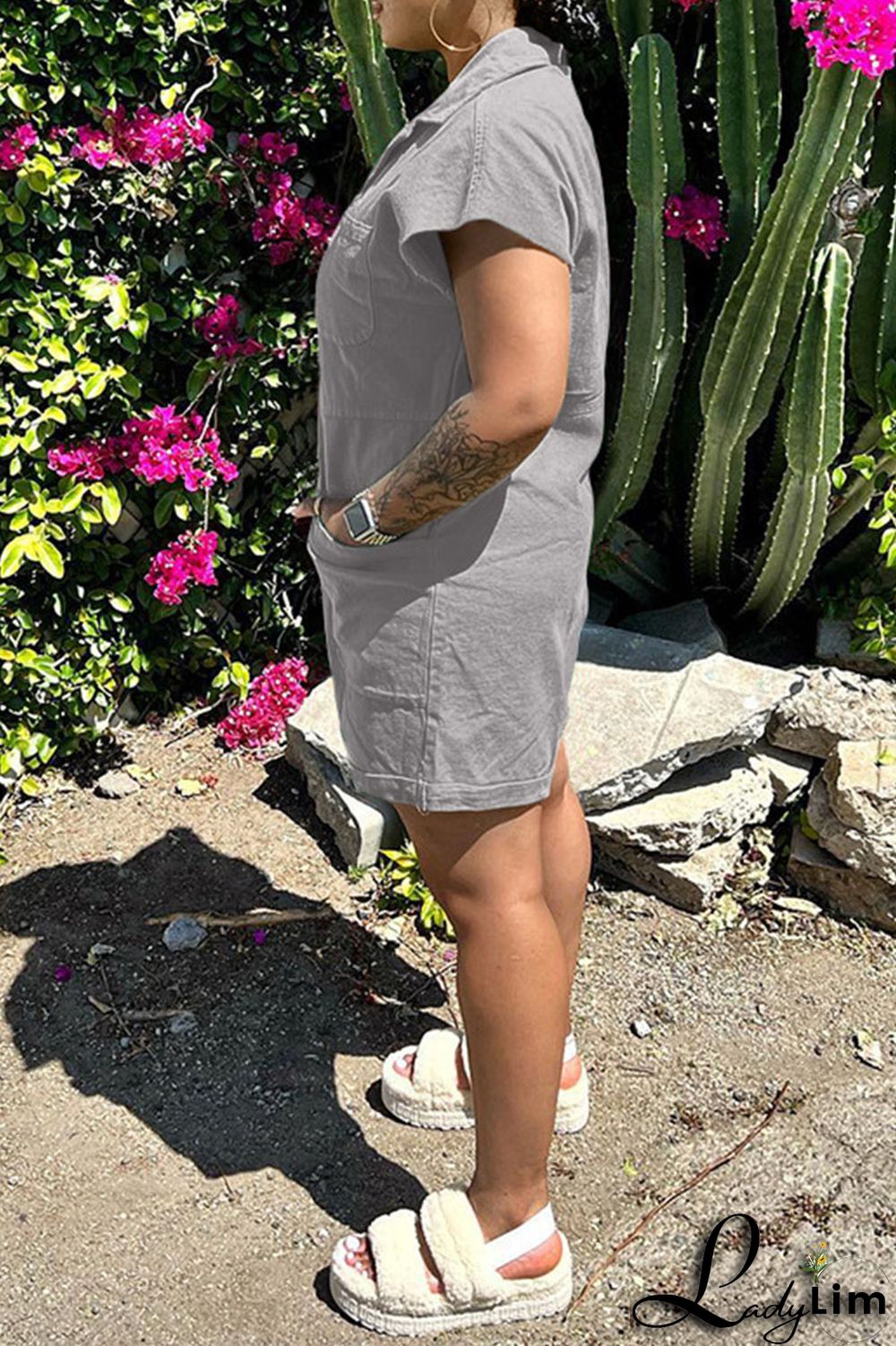 Pink Fashion Casual Solid Patchwork Turndown Collar Regular Romper