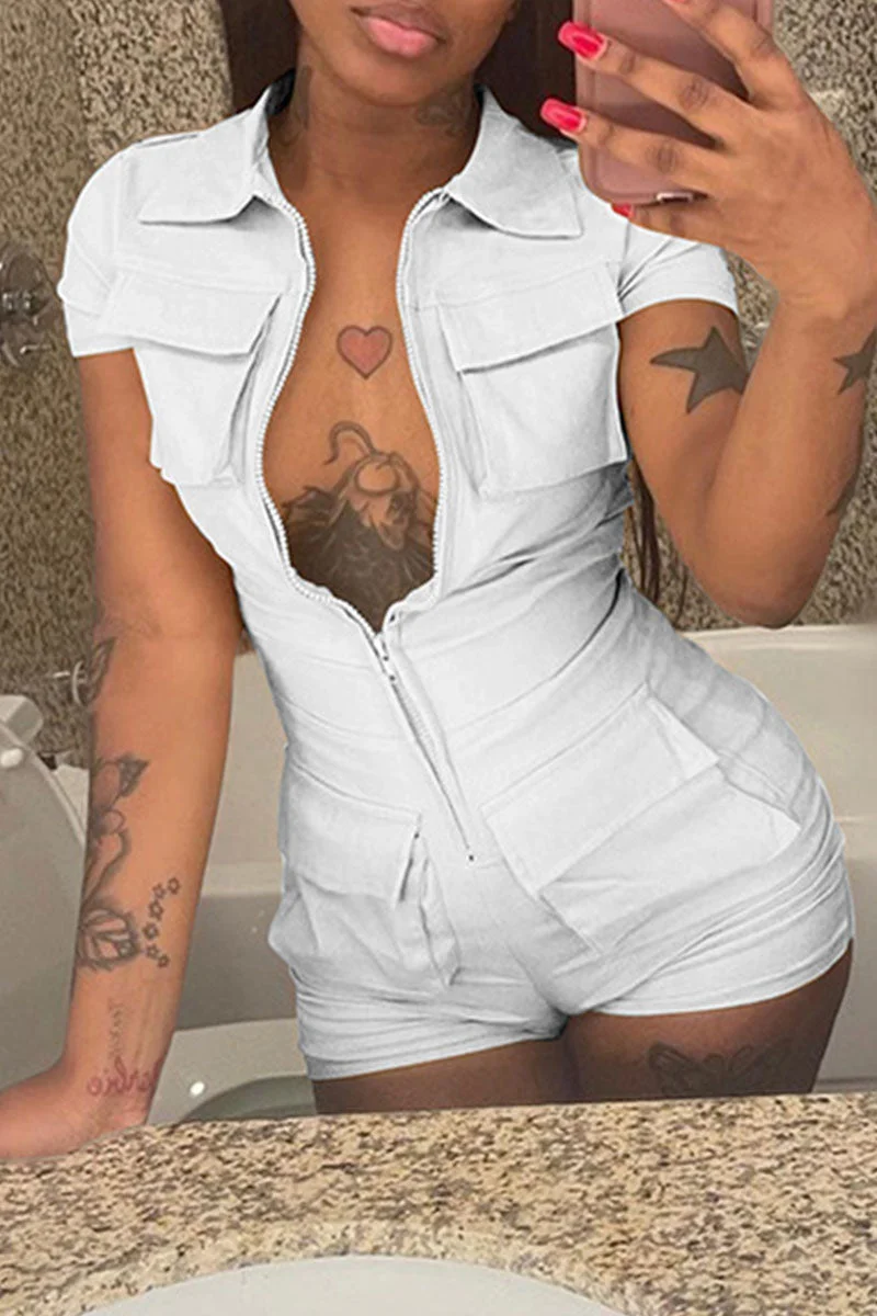 Casual Solid Split Joint Zipper Turndown Collar Regular Jumpsuits