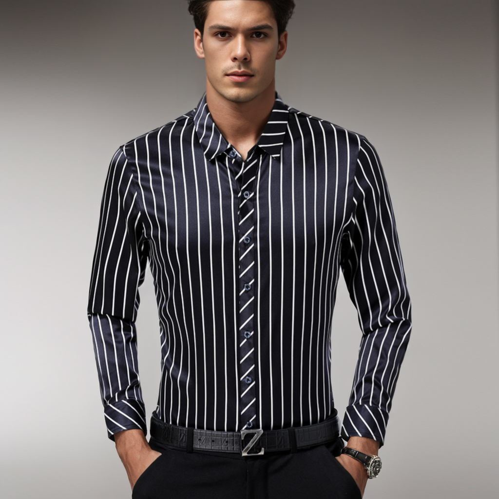 No-Iron Wrinkle-Free Men's Silk Shirt Strips Pattern Style Long Sleeves REAL SILK LIFE