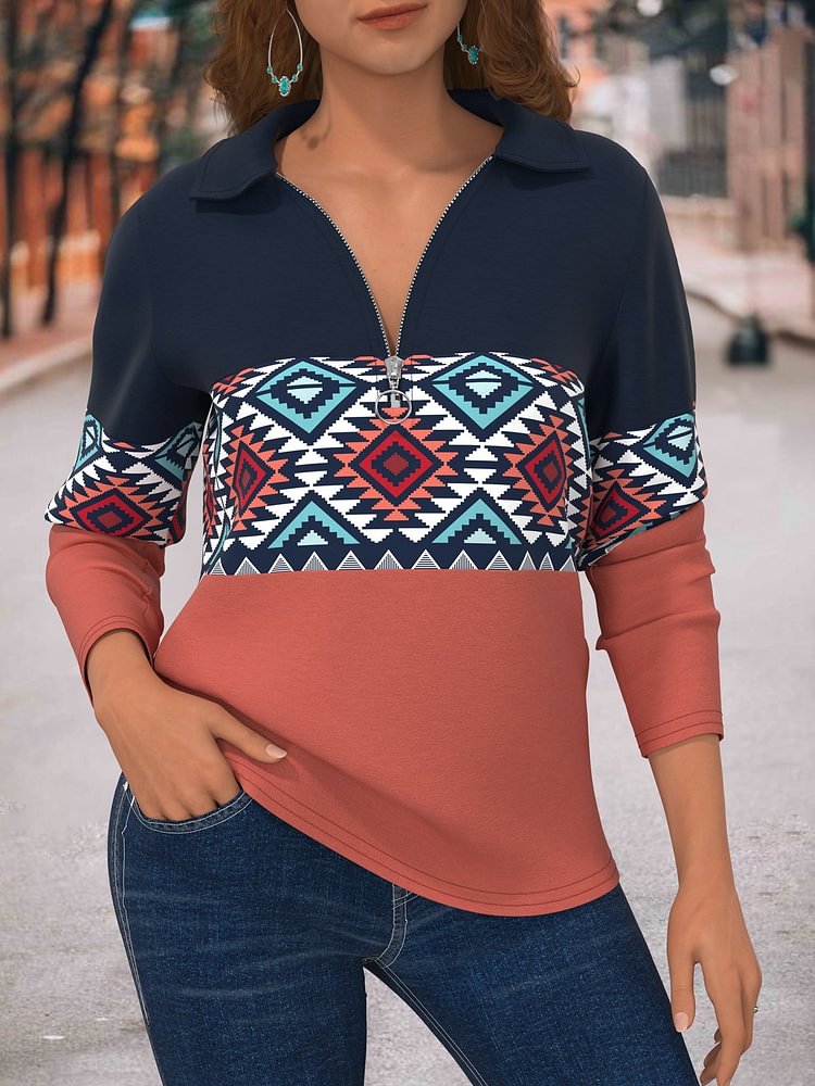 Aztec Geometric Zip-up Lapel Long-Sleeved Shirt