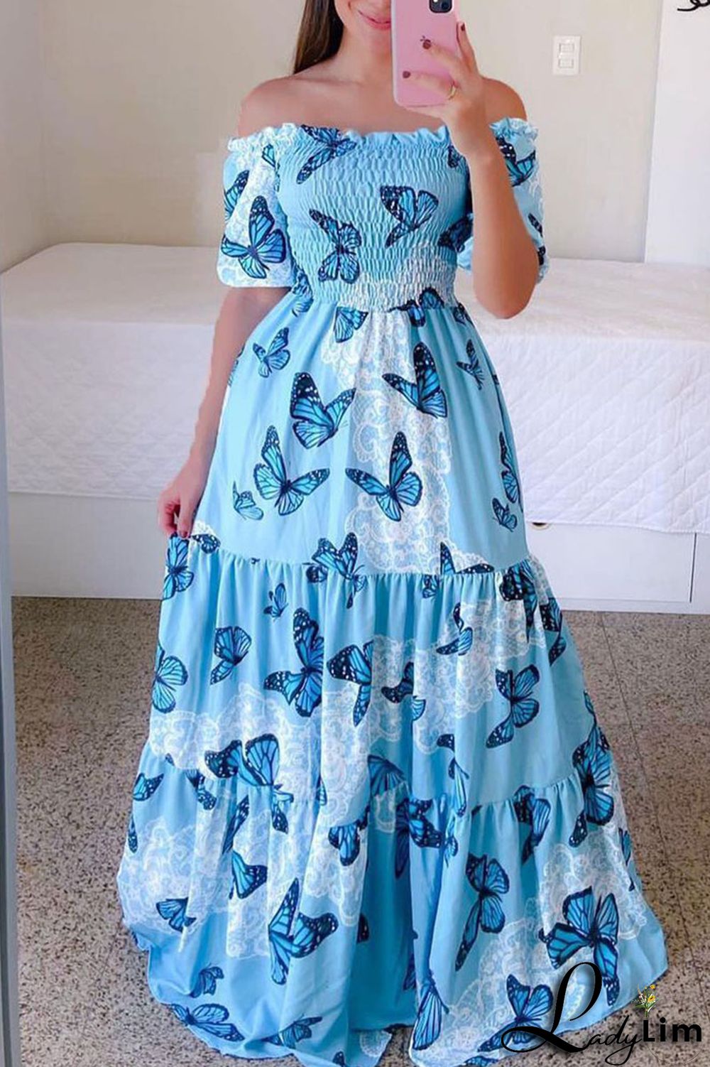 White Casual Sweet Print Split Joint Fold Off the Shoulder Printed Dress Dresses