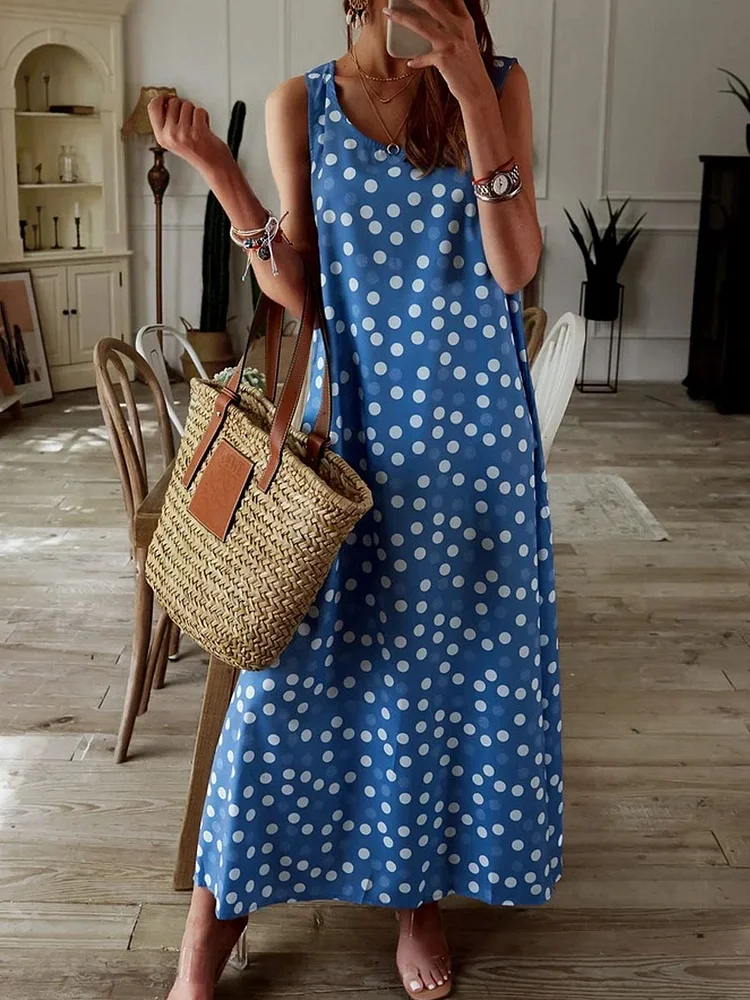 Round Neck Polka Dot Print Sleeveless Maxi Dress