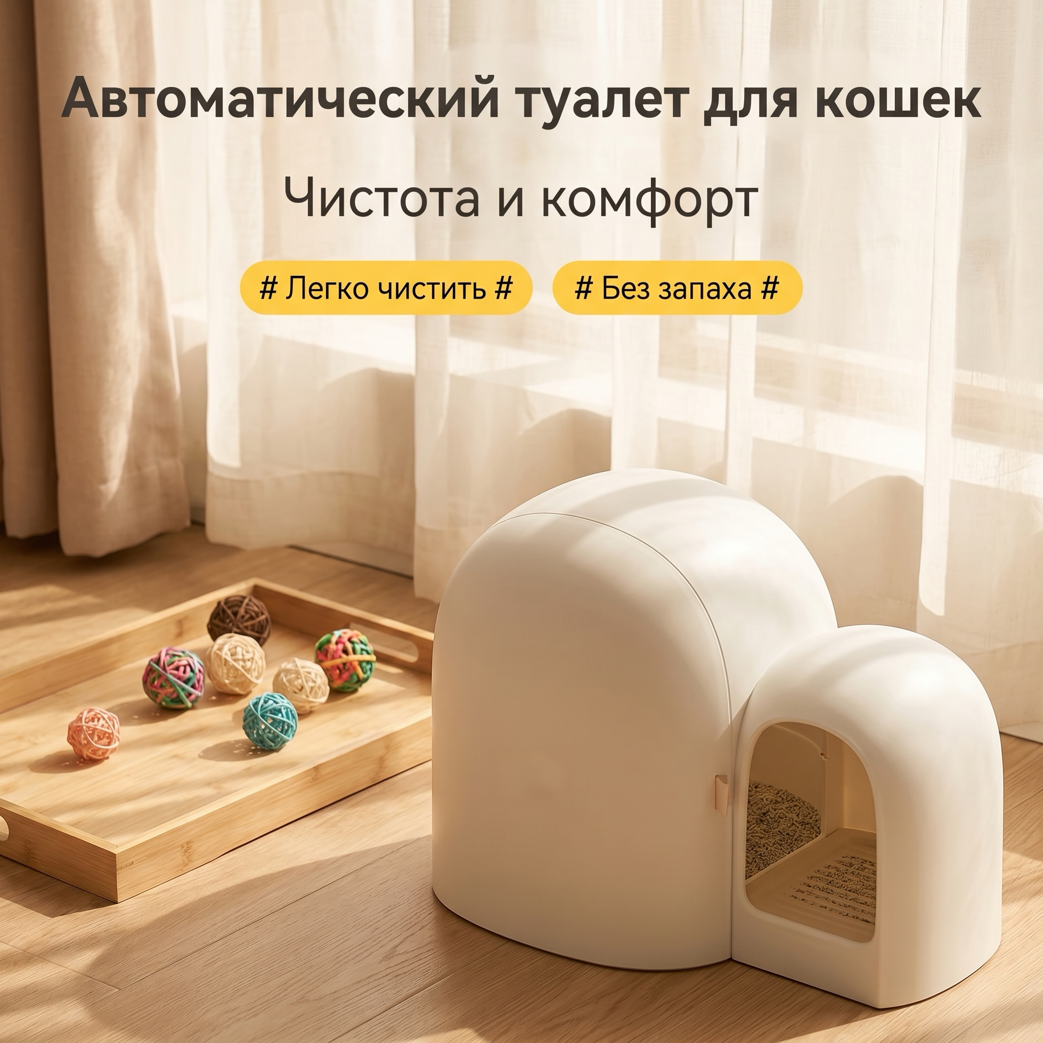 GOPET&reg; Полностью закрытый туалет для кошек &laquo;Mochi&raquo; &mdash; особо крупный размер, конструкция с коридором &mdash; защита от запаха и рассыпания наполнителя &mdash; товары для кошек