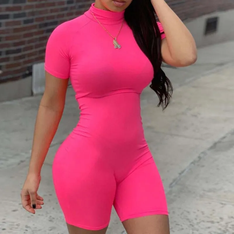 Fitness Women Streetwear Neon Bodysuit Women Mock Neck Short Sleeve Casual Playsuit High Elastic Sexy Tight Sports Overalls 2020