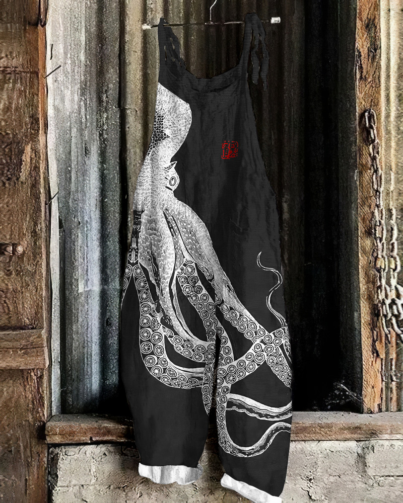 Japanese Art Octopus And Crab Print Casual Art Linen Loose Casual Jumpsuit wearshes