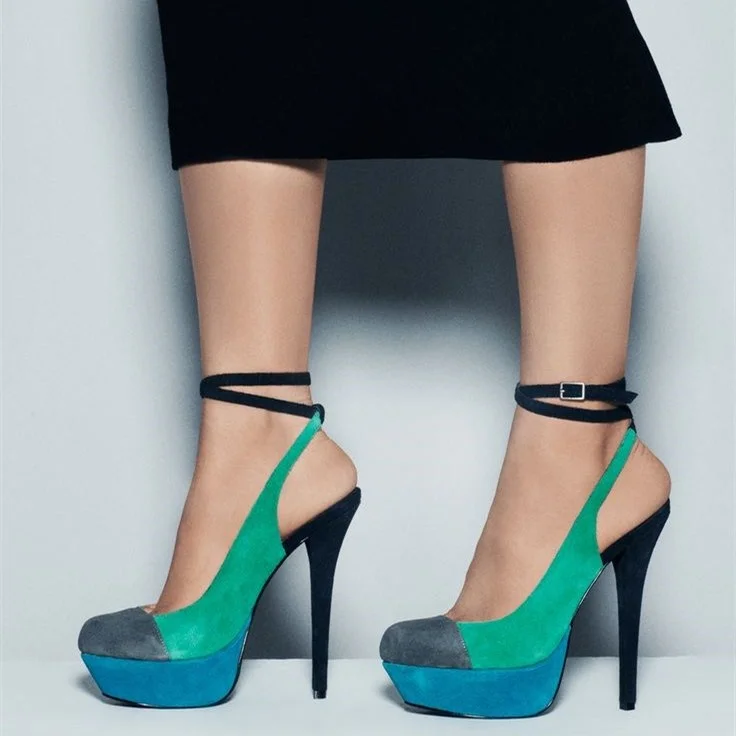 Women's Teal and Blue Stiletto Heel Ankle Strap Heels Pumps Shoes |FSJ Shoes