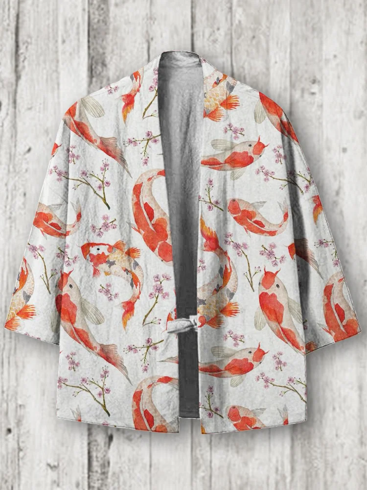 Comstylish Lucky Koi & Floral Print Linen Kimono