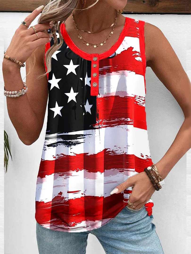 Women Sleeveless Scoop Neck Striped Star Printed Graphic Button Tops