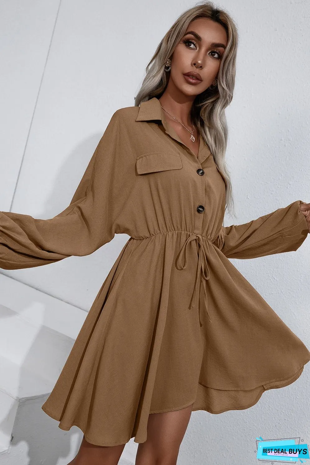 Collared Tie Waist Button Up Shirt Dress