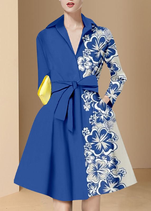 Classy Blue tie waist Peter Pan Collar Print Silk Dresses Long Sleeve CK1024- Fabulory