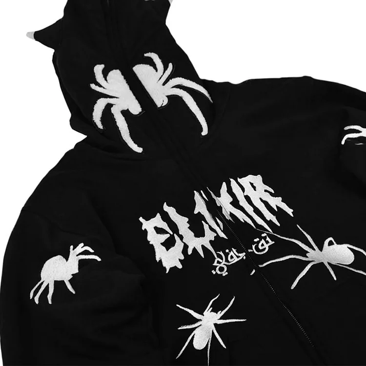 Spider Print Men's Y2K Oversized Full Zip Up Hoodie Coats-VESSFUL
