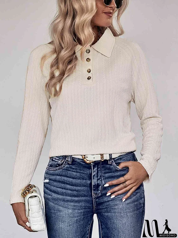 Collared Neck Buttoned Long Sleeve Top