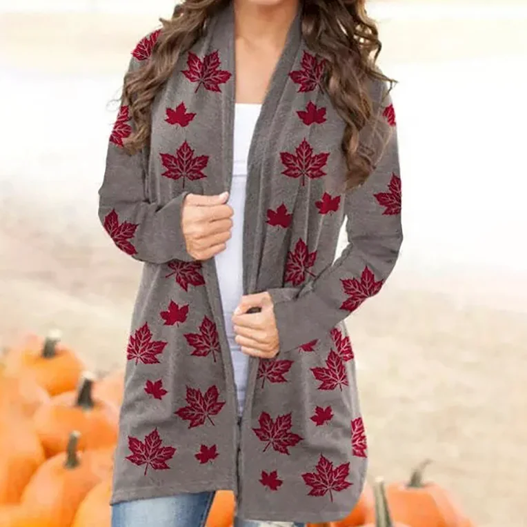 Leaves Printed Casual Women's Cardigan