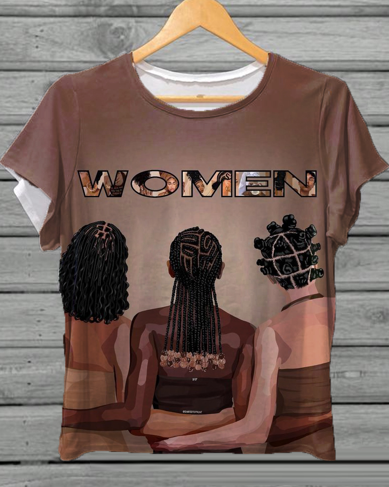 Women Black Girl Print Short Sleeve T-shirt