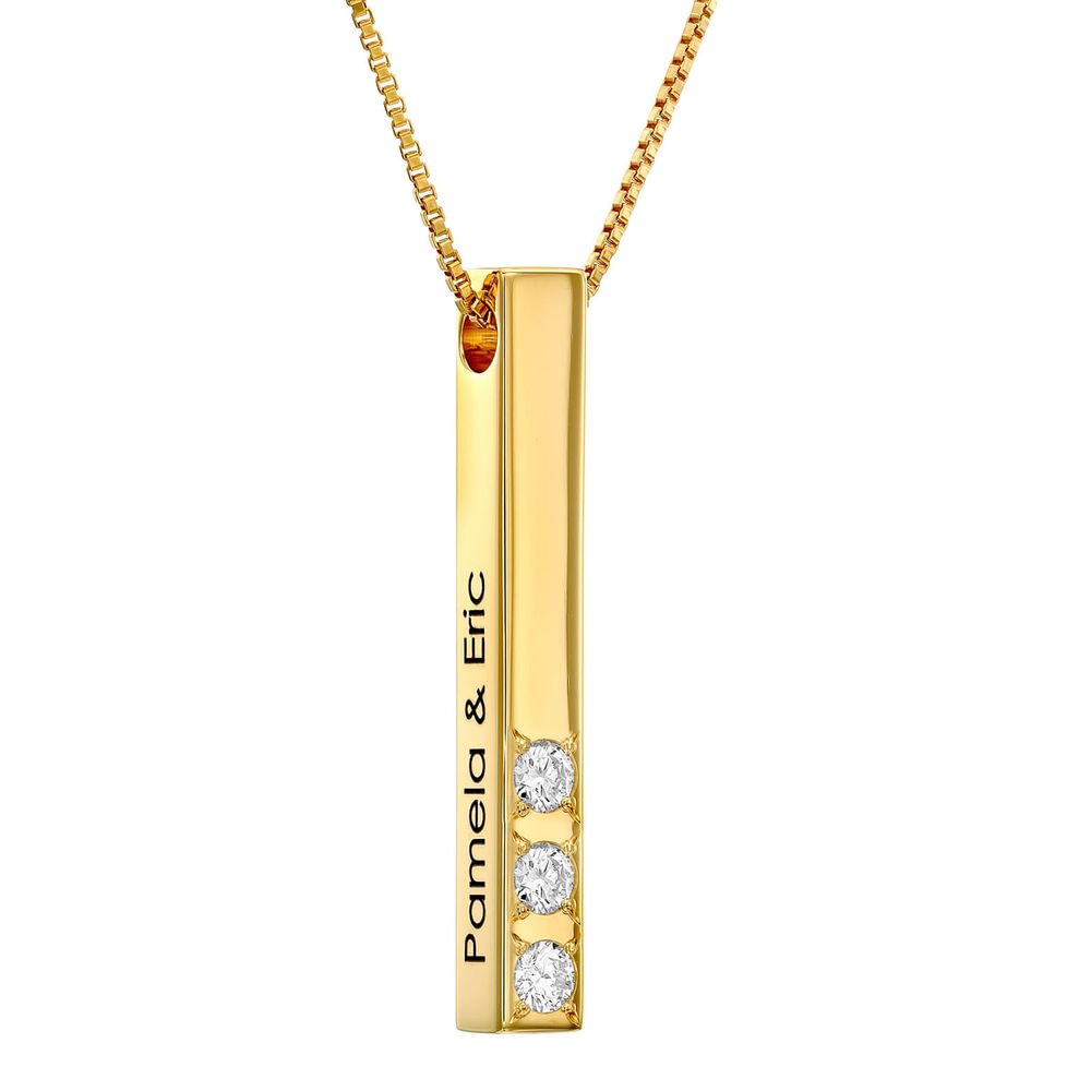 Vangogifts Vertical 3D Bar Necklace in Gold Plating with 1-3 Diamonds