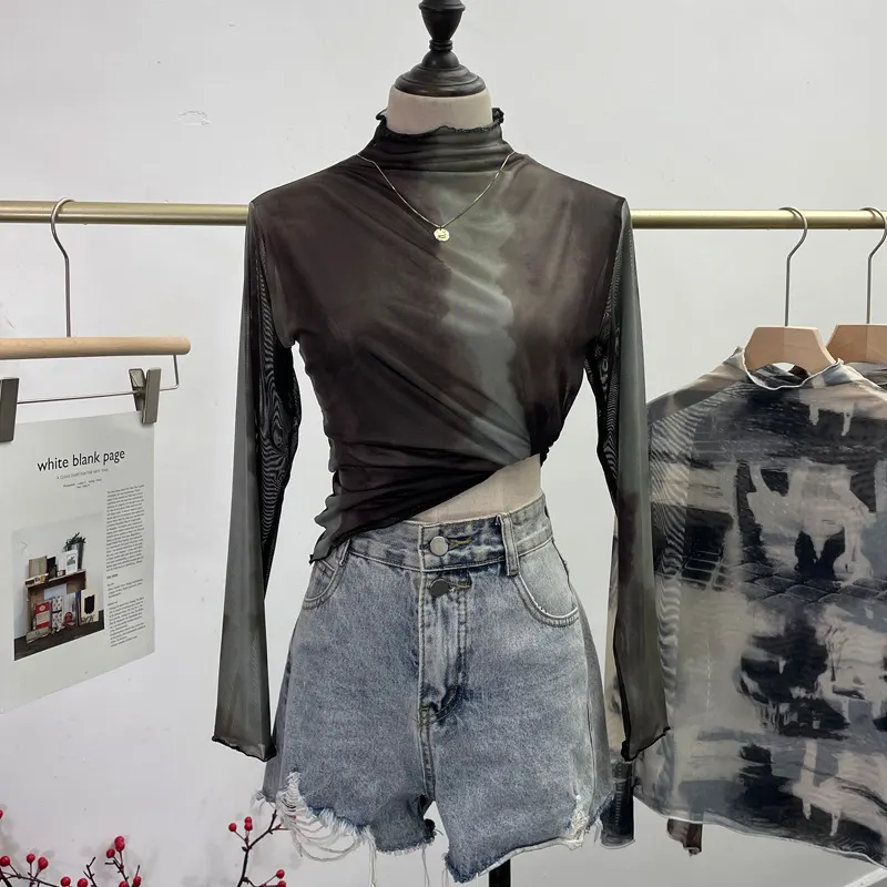 Churchf Real Shooting Wave Side Half-High Collar Net Yarn Dyed Long Sleeve Thin Inside The Bottom Shirt Autumn And Winter Folded T-Shirt 8921