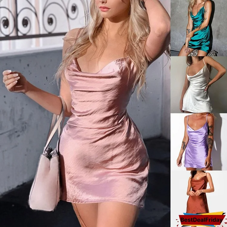 Summer Women's Fashion New Sleeveless Satin Strap Mini Backless Casual Top Dresses