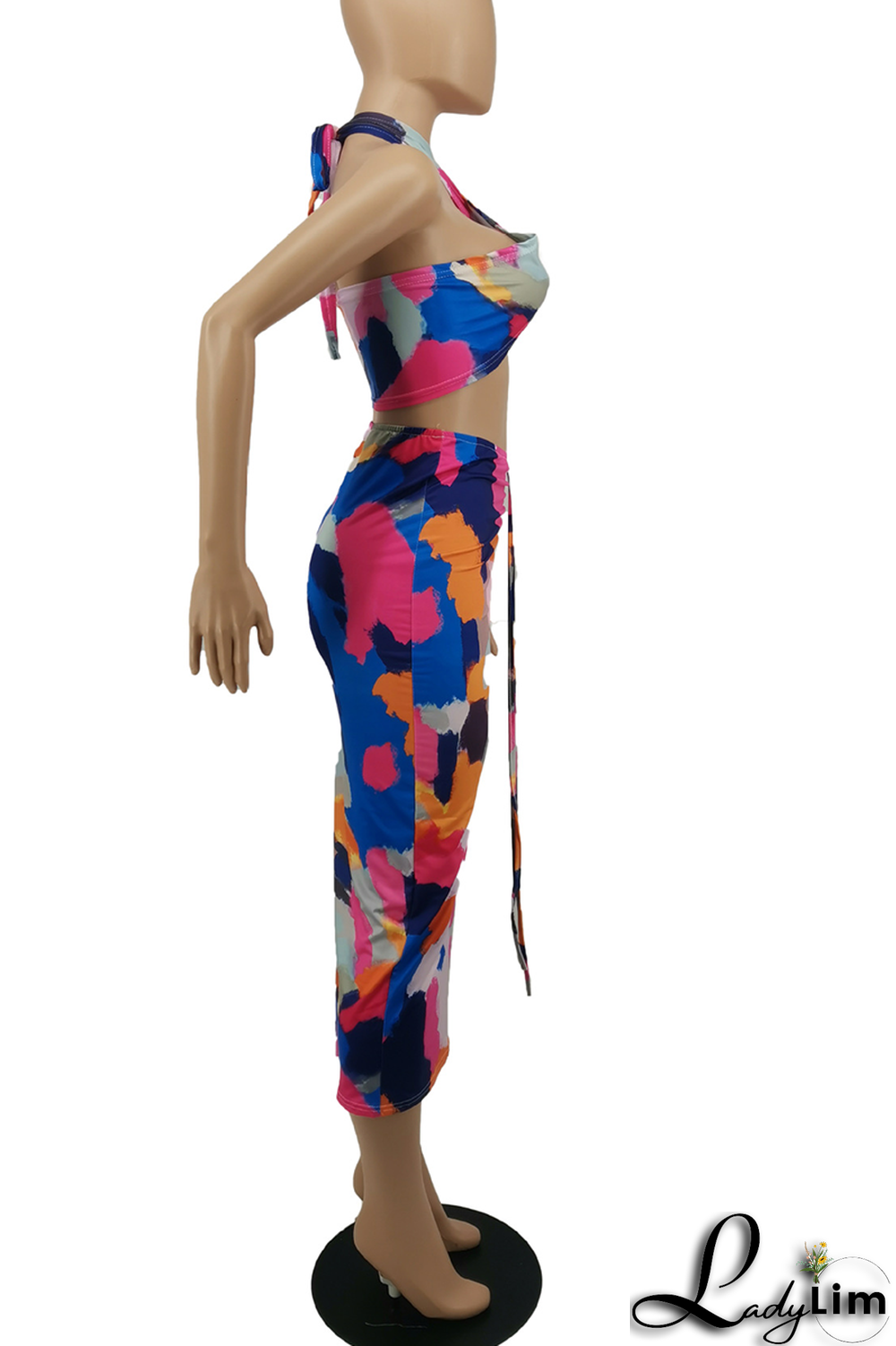 Blue Sexy Print Split Joint Halter Sleeveless Two Pieces