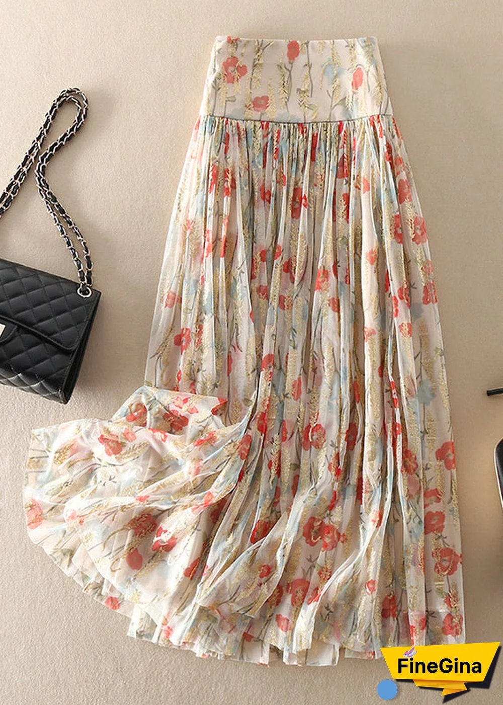 Fitted Zip Up Print wrinkled Tulle Skirt Spring