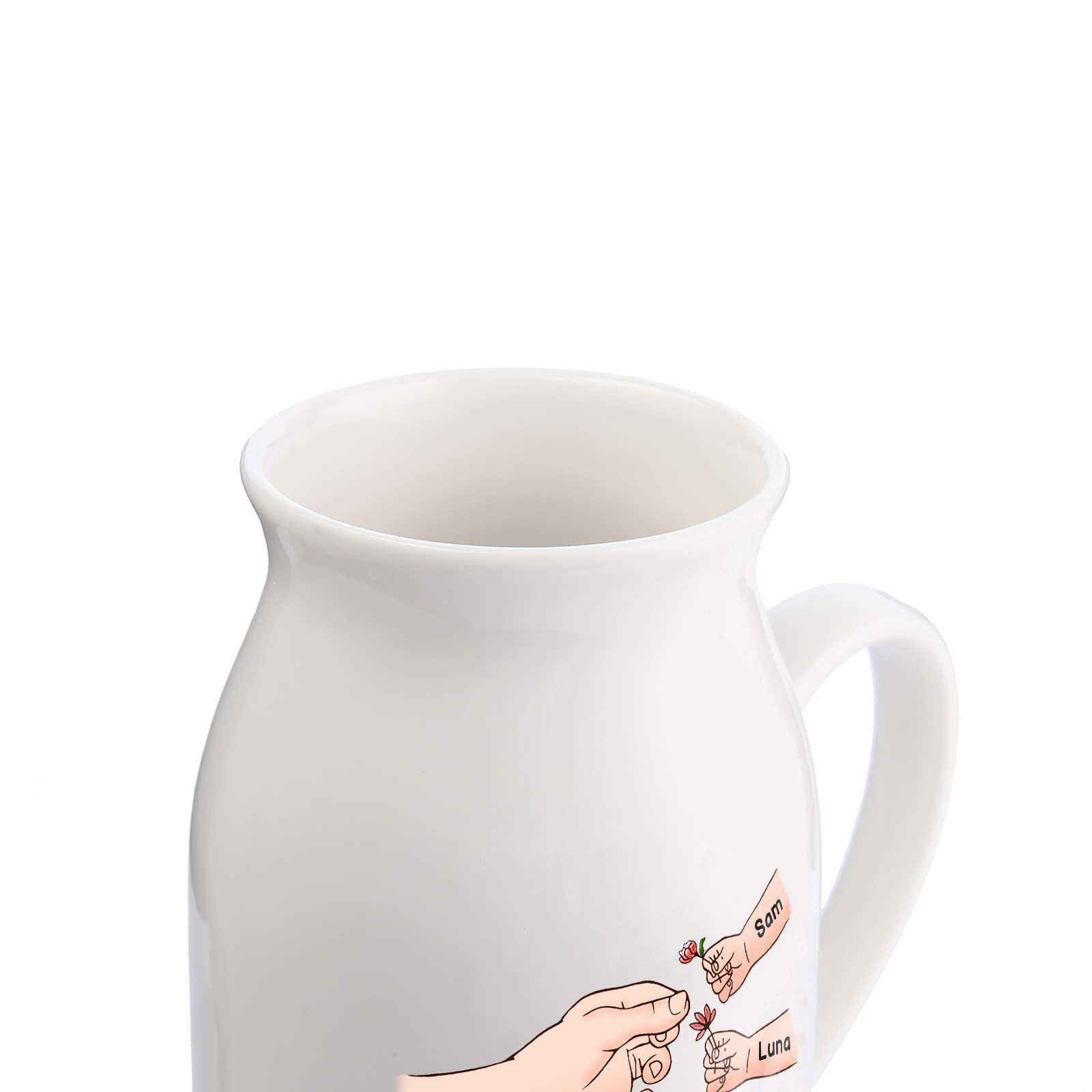 Vaso di ceramica con mano passando il fiore 3 nomi personalizzati per nonna/mamma