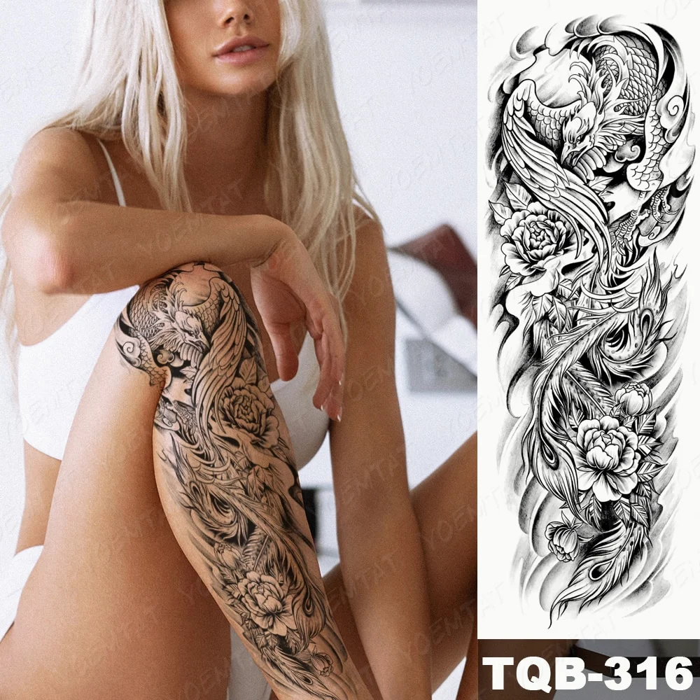 Sdrawing Arm Waterproof Traditional Temporary Tattoo Stickers Women Men Black Line Flowers Koi Crane Thigh Body Art Fake Tattoos