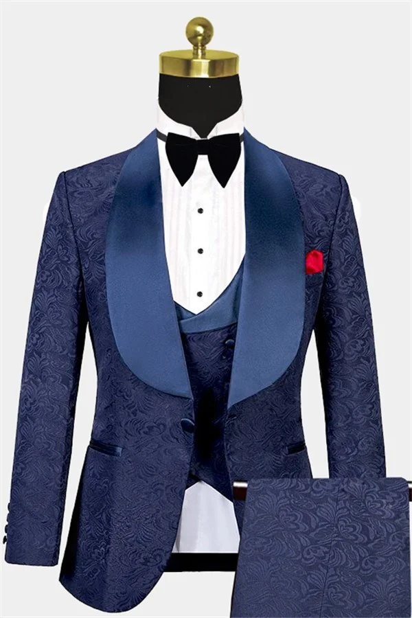 Navy Blue Three Pieces Jacquard Bespoke Tuxedo Online