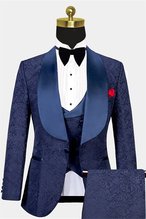 Graceful Jacquard Bespoke Navy Blue Three Pieces Tuxedo Online | Ballbellas Ballbellas
