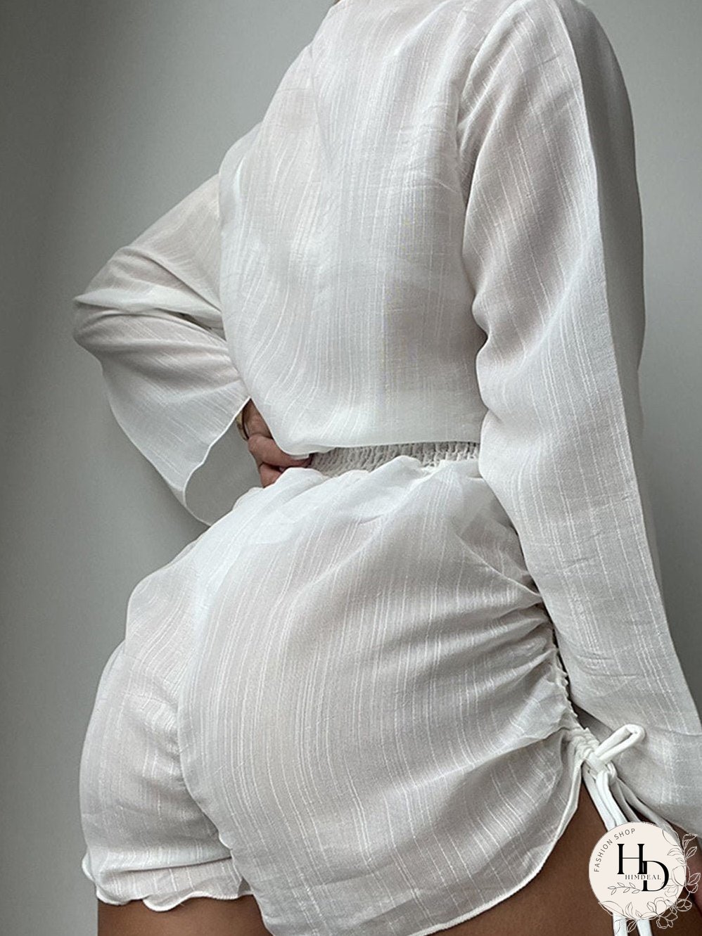 White V-Neck Smocked Waist Long Sleeve Beach Romper