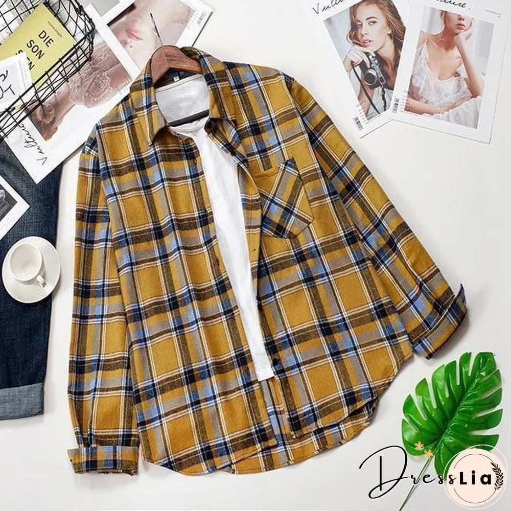 Plaid Shirts Womens Blouses Long Sleeve Lady Checked Tops Loose Female Outwear Casual