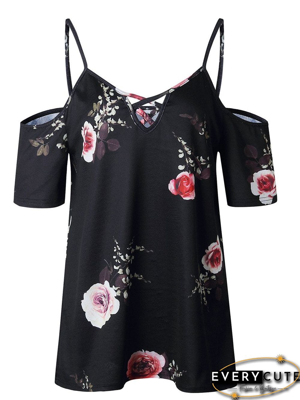 Cold Shoulder Straps Short Sleeves Floral T-Shirt Top