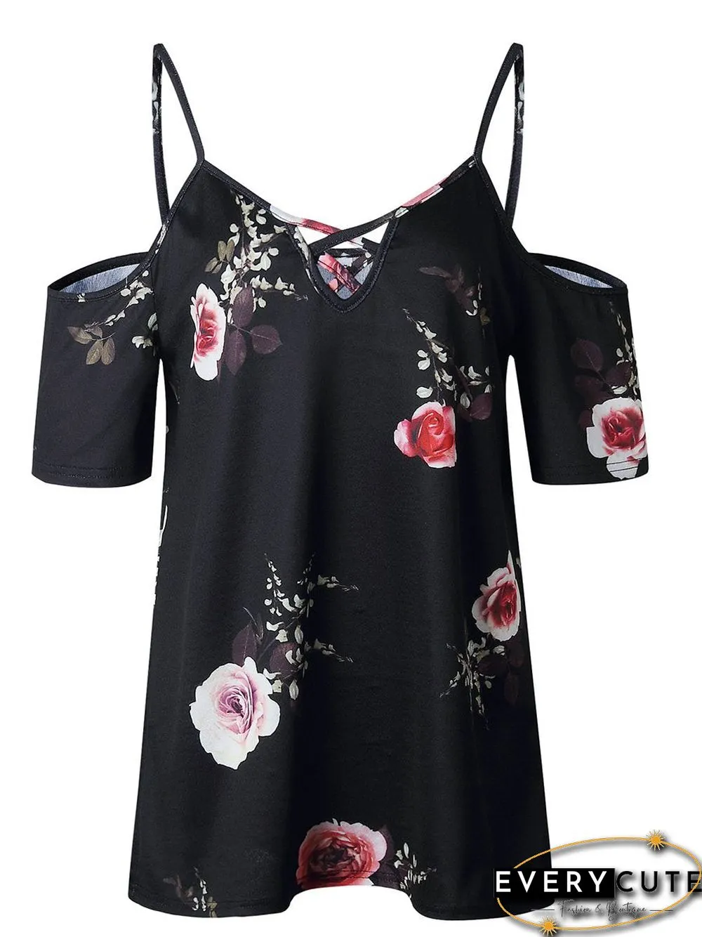Cold Shoulder Straps Short Sleeves Floral T-Shirt Top
