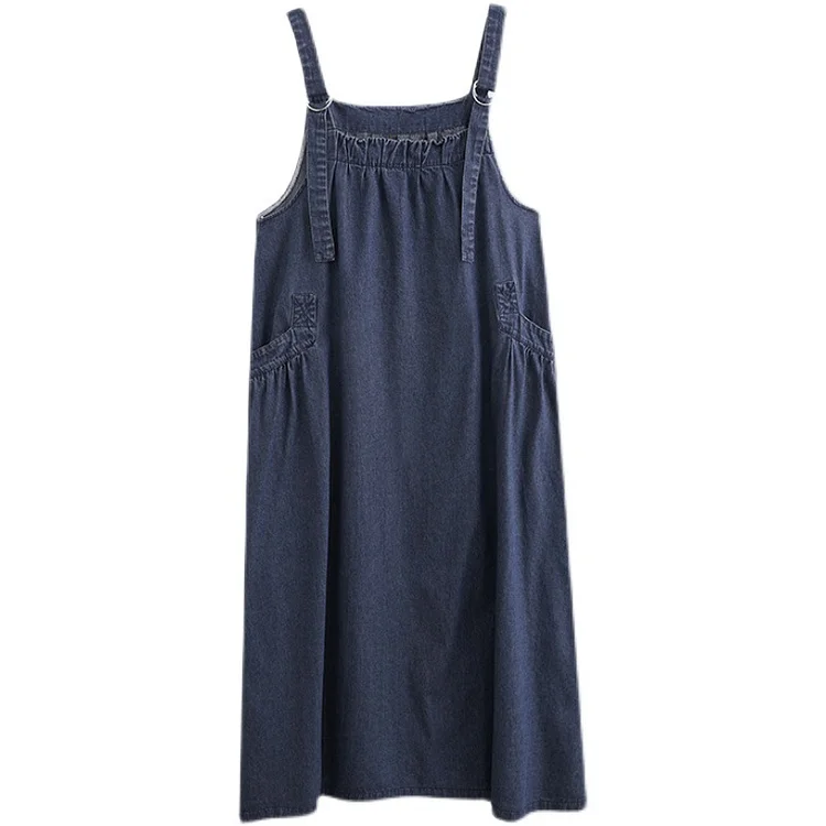 Loose Denim Solid Color Strap Back Maxi Dress