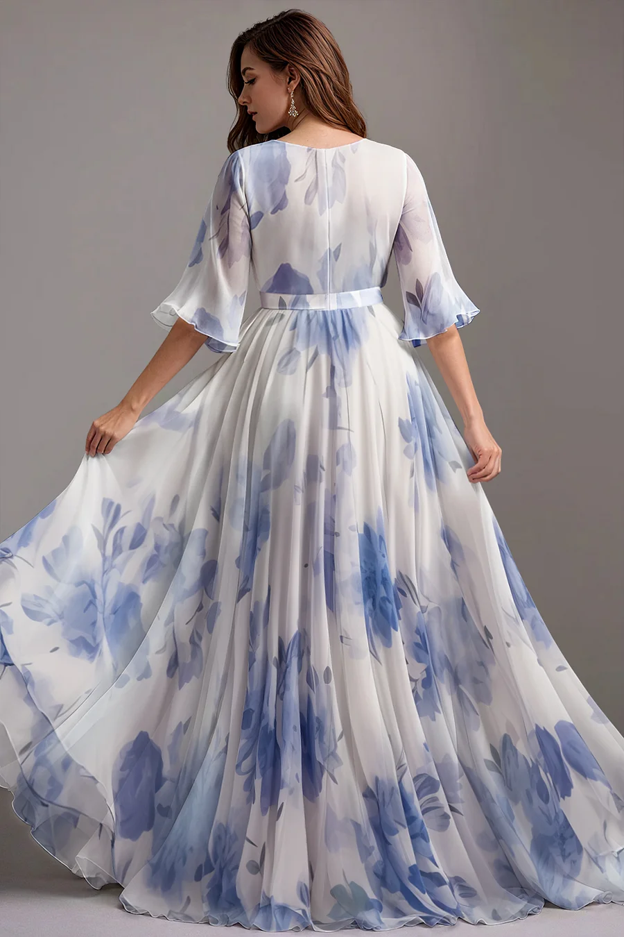 Flycurvy Plus Size Wedding Guest Blue Chiffon Wrap Floral Print Flutter Sleeve Maxi Dress