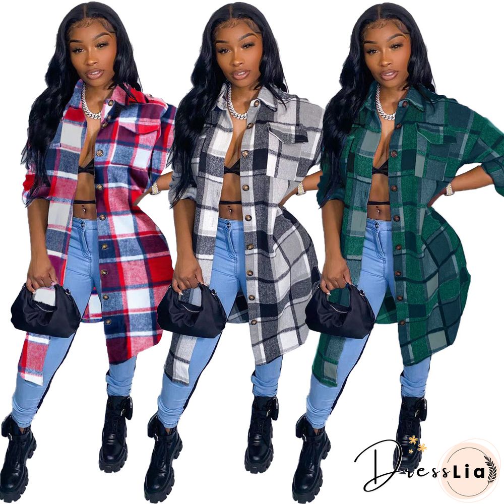 Classic Plaid Shirt Woolen Long Coat