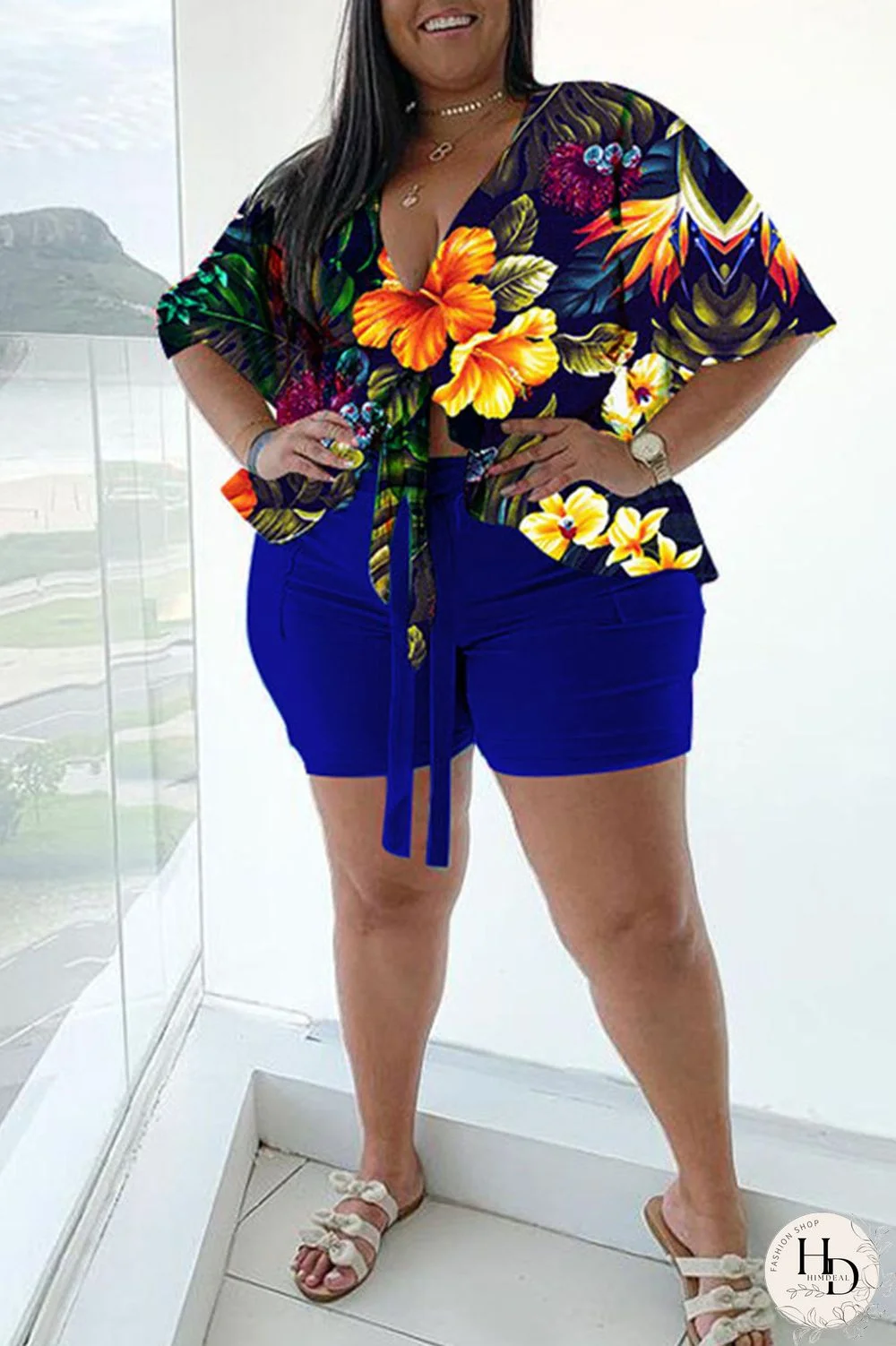 Blue Casual Print Bandage Split Joint V Neck Plus Size Two Pieces