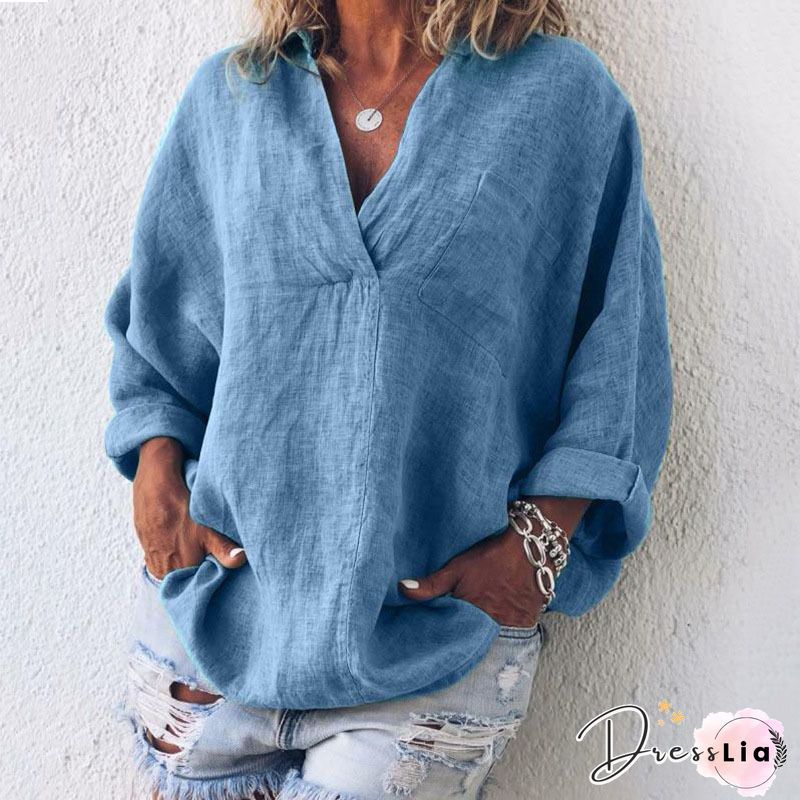 Solid Color V-neck Long-sleeved Wild Casual Shirt