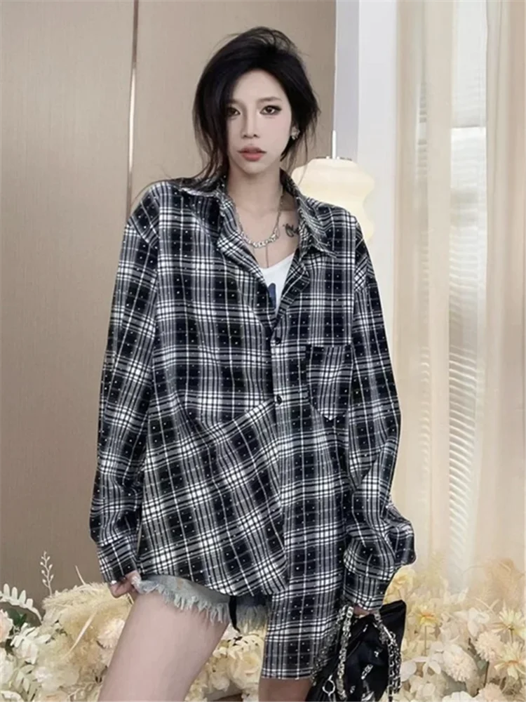 Qjong Korean Fully Hot Diamond Casual Fashion Loose Long Shirt Blouse Women's Autumn Versatile Long Sleeve Plaid Cardigan Top