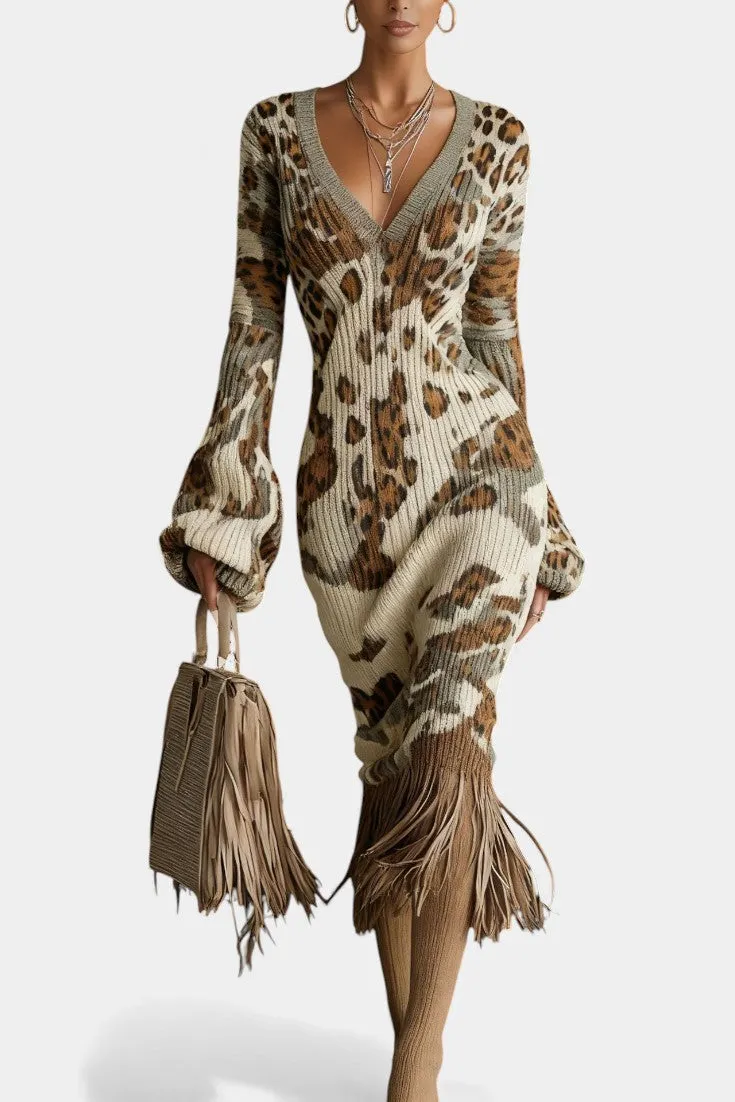 Leopard Print Fringe Midi Dress with Puff Sleeves
