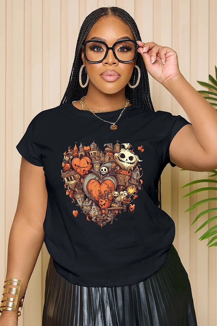 LORAGAL Halloween Pumpkin Skull Graphic Print T-Shirt