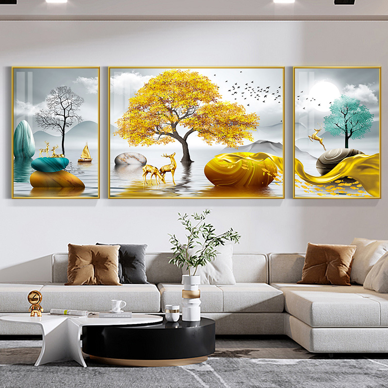 3 Panel Chinese Feng Shui Golden Rich Tree Canvas Painting Wall Art Deer Landscape Stone Posters Wall Art for Living Room Decor