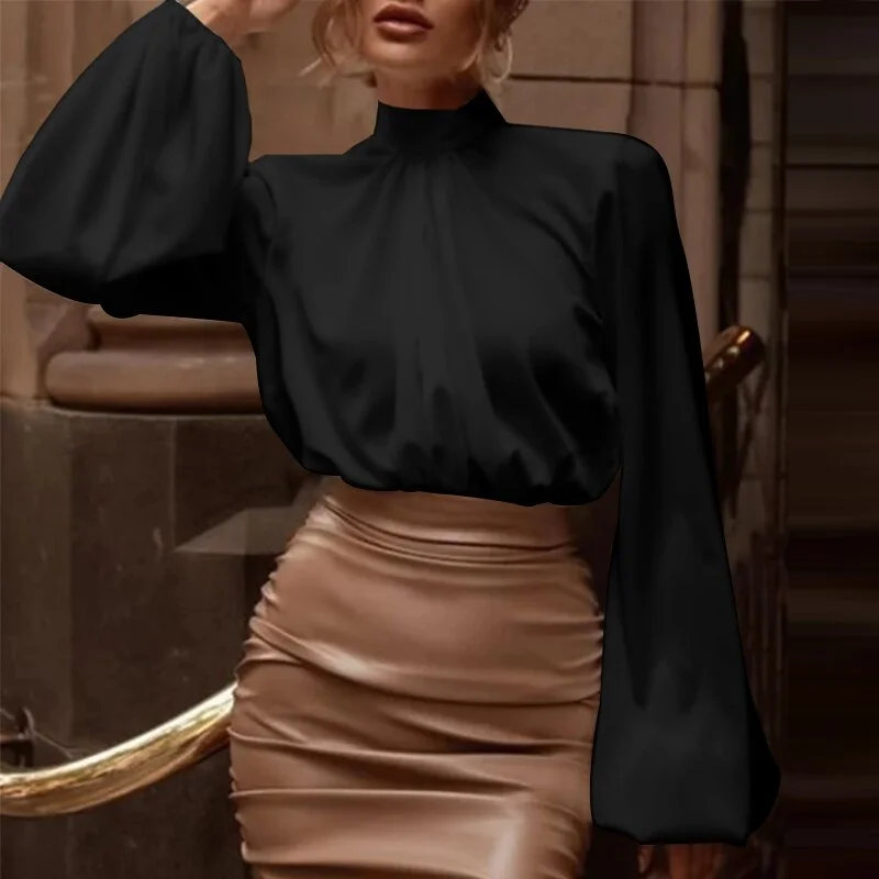 Celmia Women Fashion Satin Blouse Lantern Long Sleeve Shirts 2022 Autumn Elegant High Collar Casual Party Tunic Tops Streetwear