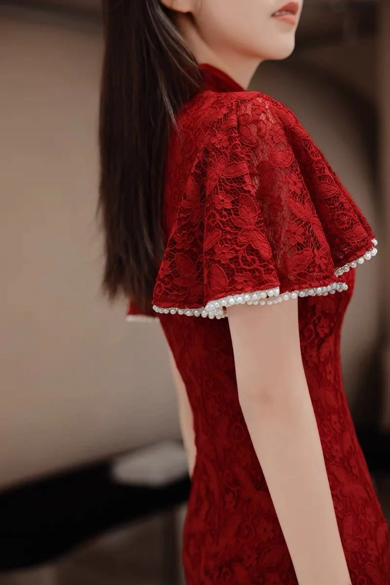 Butterfly pattern, lace mid-length Qipao with lotus leaf sleeves