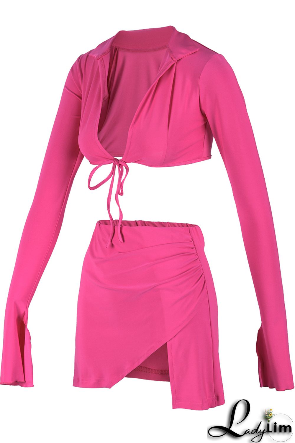 Yellow Fashion Sexy Solid Bandage Slit V Neck Long Sleeve Two Pieces