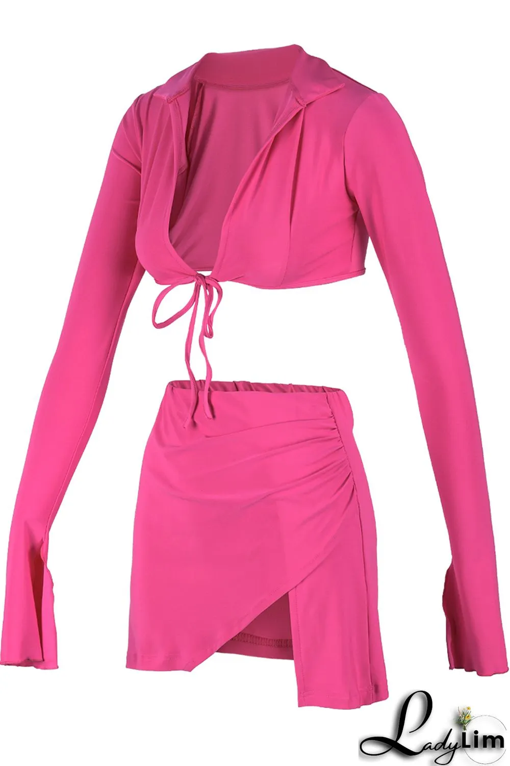 Yellow Fashion Sexy Solid Bandage Slit V Neck Long Sleeve Two Pieces