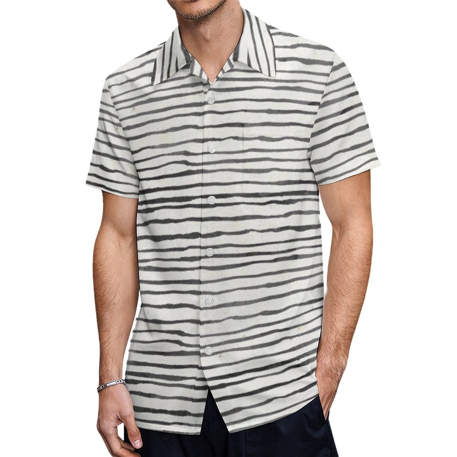 Black And White Whimsical Boho Horizontal Stripes Hawaiian Shirt Mens Button Down Tropical Hawaii Beach Shirts